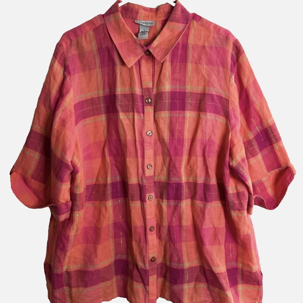 Catherine's Pink Plaid Plus Size Cuffed Sleeves Button Collared Top Sz 18/20W 1X